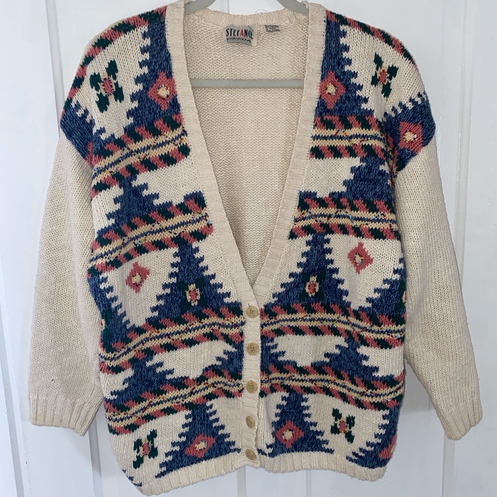 Vintage Stefano International 14/16 tribal chunky cardigan w beaded embroidery